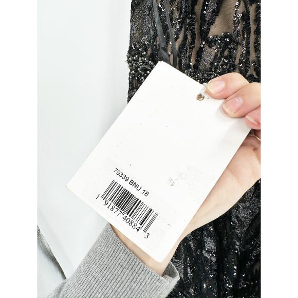 Mac Duggal 79339 Black Embellished Feather Cap Sleeve Midi Dress Size 18 New - Picture 8 of 9